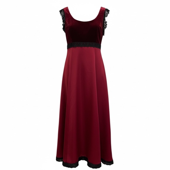 Authentic Original Vintage Style Dresses & Skirts - Vintage Burgundy Velvet Lace Trim Slip Dress Size 8 (Fits US 6)
